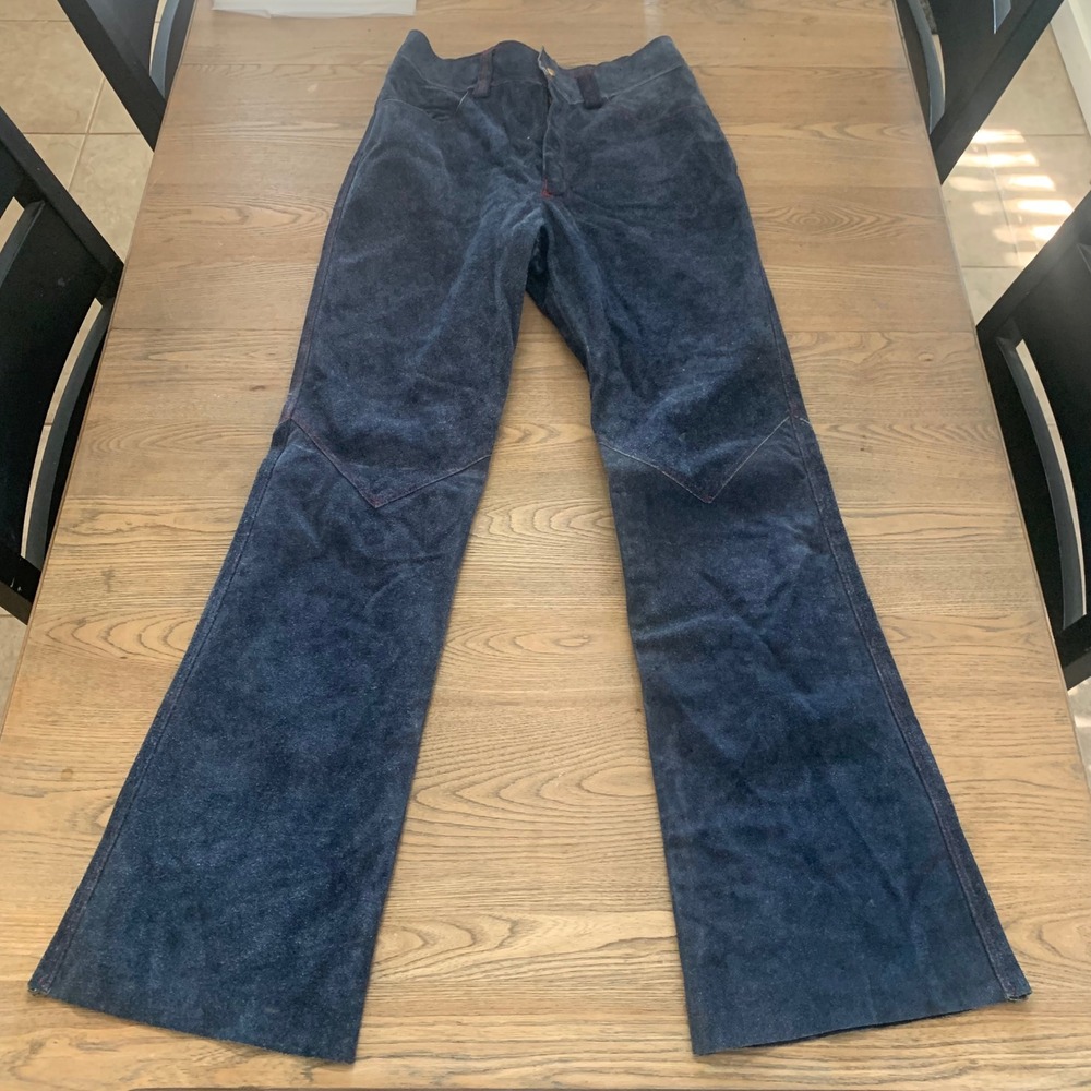 Vintage Wheels of Man Road Man Blue Suede Leather Flare Pants Bell Bottoms 34